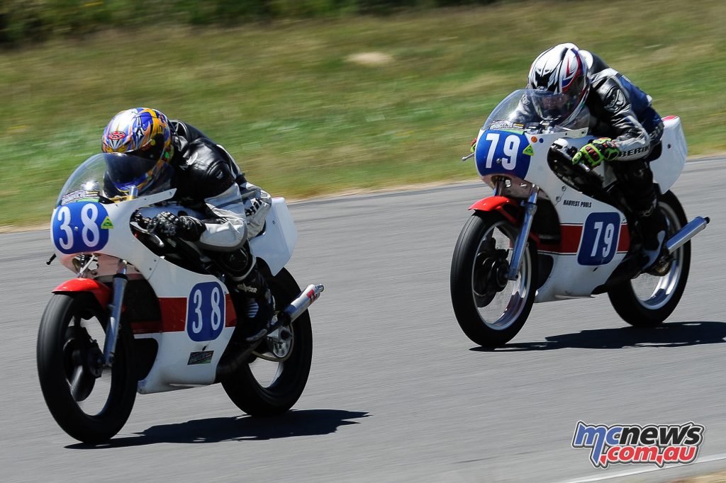 Australian Historic Road Racing Championships 2016 - Image by Colin Rosewarne - Peter Hinton leads Stephen Kairl - Yamaha TZ350