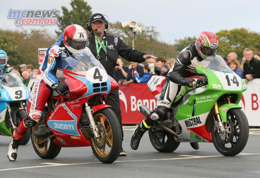 Michael Rutter and Dan Kneen leave the startline in the Motorsport Merchandise Classic TT Race Qualifying session. Photo Stephen Davison / Pacemaker Press Intl.
