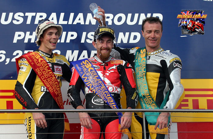 Garry McCoy won at Phillip Island WorldSBK in 2004 from Chris Vermeulen and Pierfrancesco Chili