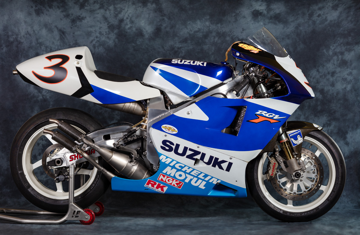 Nobuatsu Aoki’s 1998 RGV500 XR88 Grand Prix motorcycle.