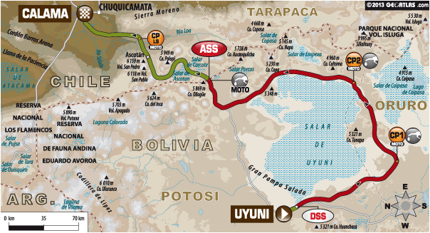 TOMORROW'S STAGE - Monday, January 13 - Stage 8: Uyuni – Calama - Liasion: 230 km - Special: 462 km - Total: 692 km