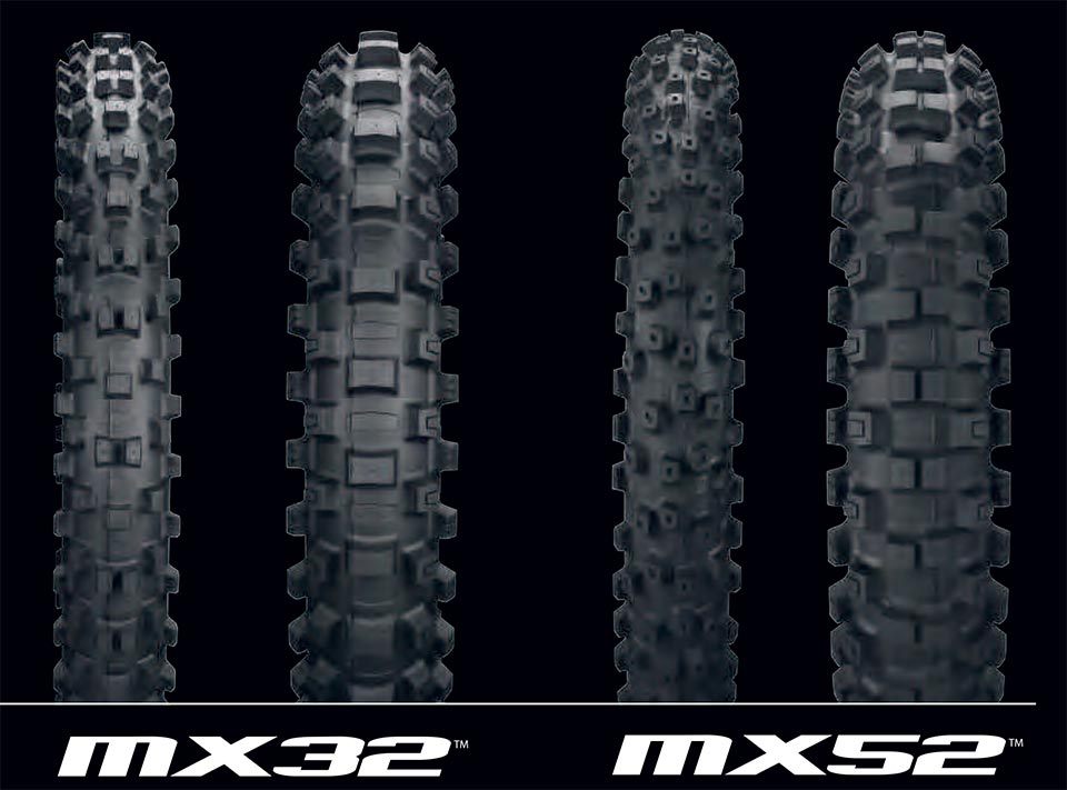GEOMAX MX32 AND MX52 KEY FEATURES INCLUDE: • Derived from top-level AMA Supercross and Motocross racing • New tread-block-within-a-block knobs offer more progressive cornering action • Enhanced handling and knob durability via more flex, and less knob tearing through recess-carcass design • Superior bump absorption through new damping-control sidewall rubber compound and recess-carcass design • Directional front tire design provides enhanced grip and steering feel • Superior grip in a wider variety of terrain