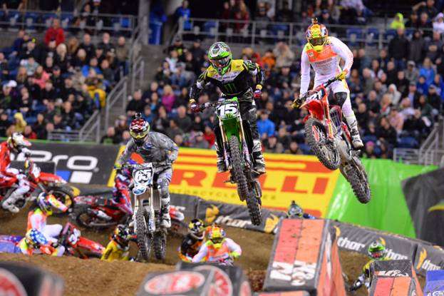 Dean Wilson (15) started the 250SX Class Main Event with the Nuclear Cowboyz Holeshot Award. Photo Credit: Simon Cudby