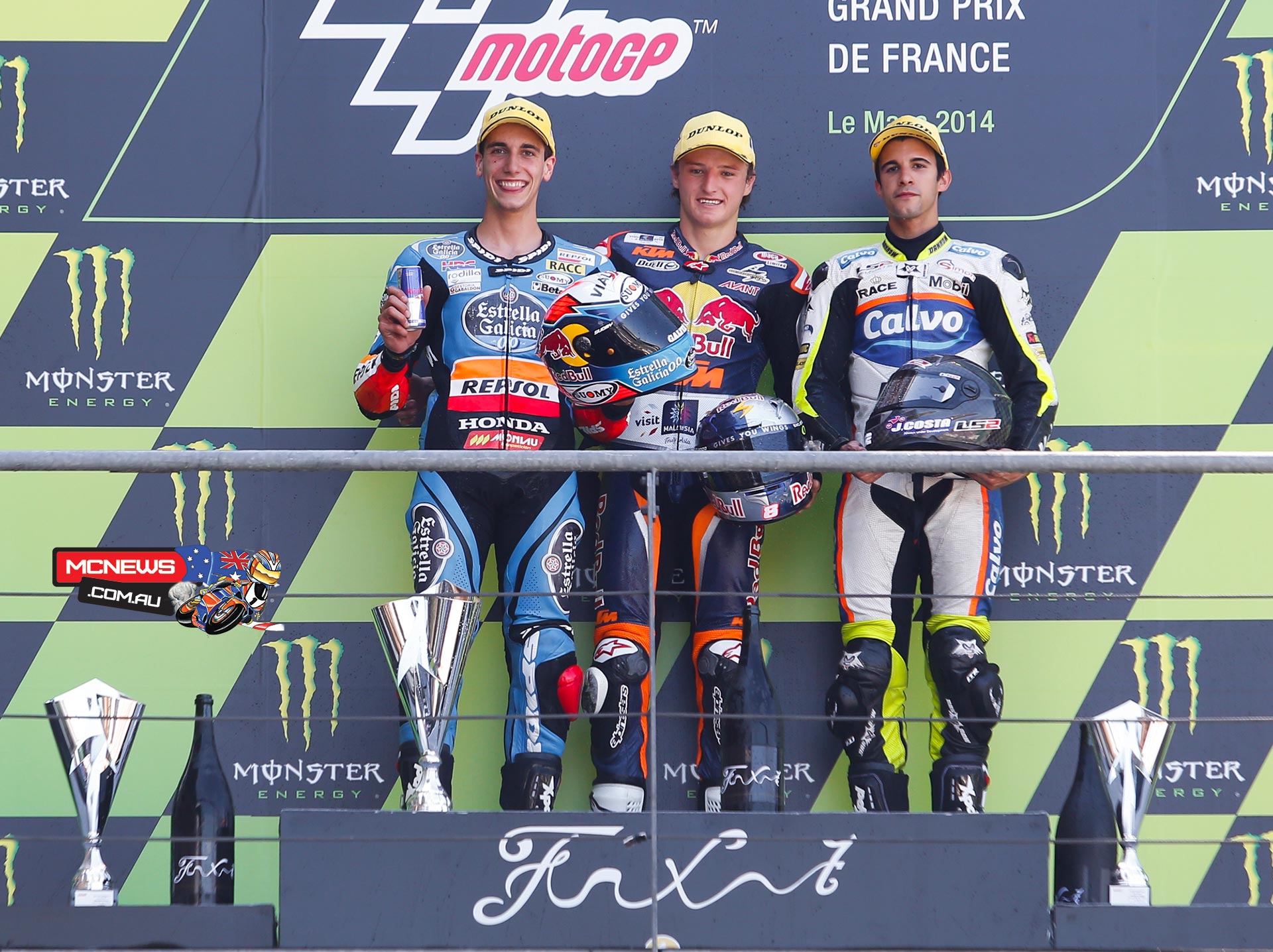 MotoGP-2014-Rnd5-LeMans-Race-Moto3-Podium In perfect conditions at the Monster Energy Grand Prix de France Jack Miller (Red Bull KTM Ajo) took victory in another exciting Moto3™ contest, with Alex Rins (Estrella Galicia 0,0) and Isaac Viñales (Calvo Team) joining him on the Le Mans podium.