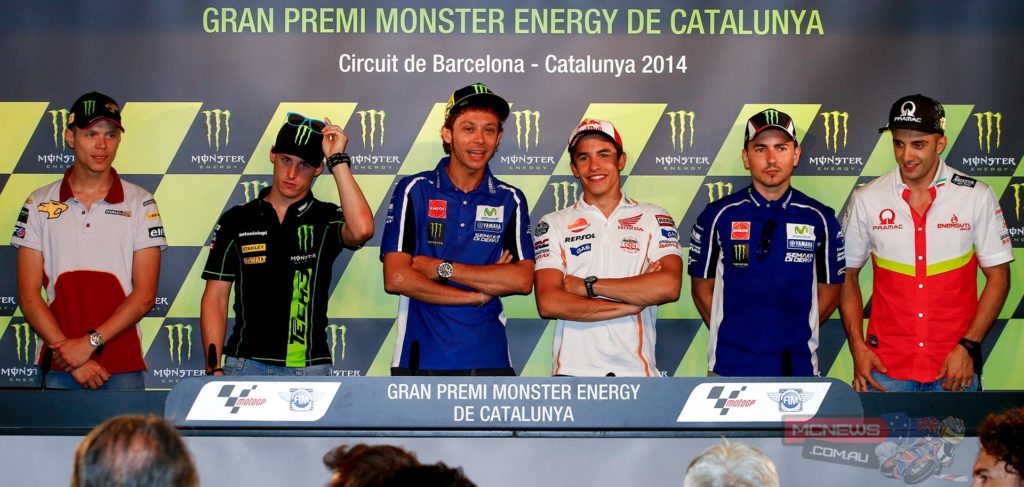 Thursday’s preliminary press conference at the Gran Premi Monster Energy de Catalunya saw MotoGP™ quintet Marc Marquez, Valentino Rossi, Jorge Lorenzo, Pol Espargaro and Andrea Iannone joined by Moto2™ standings leader Tito Rabat to address the media.
