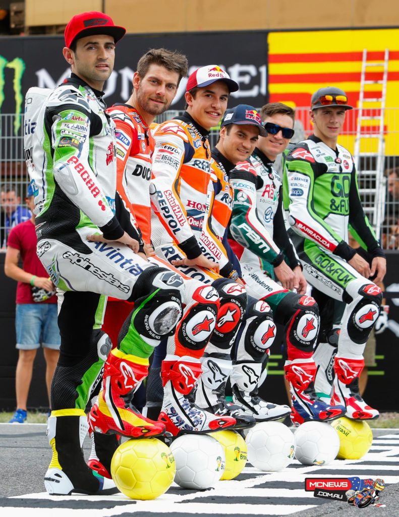 Also on Thursday afternoon ahead of the FIFA World Cup Brazil™, which starts today, a group of riders attended the launch of Alpinestars’ MotoGP World Cup Race Boot Design Series on the Barcelona-Catalunya starting grid. The likes of Marc Marquez, Cal Crutchlow, Dani Pedrosa, Scott Redding, Hector Barbera and Broc Parkes showed off their new boots demonstrated their football skills with a penalty shootout.