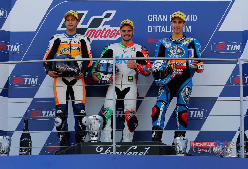 Another fantastic Moto3™ race concluded with victory for Romano Fenati (SKY Racing Team VR46) at the Gran Premio d'Italia TIM, with Isaac Viñales (Calvo Team) and Alex Rins (Estrella Galicia 0,0) joining him on the podium.