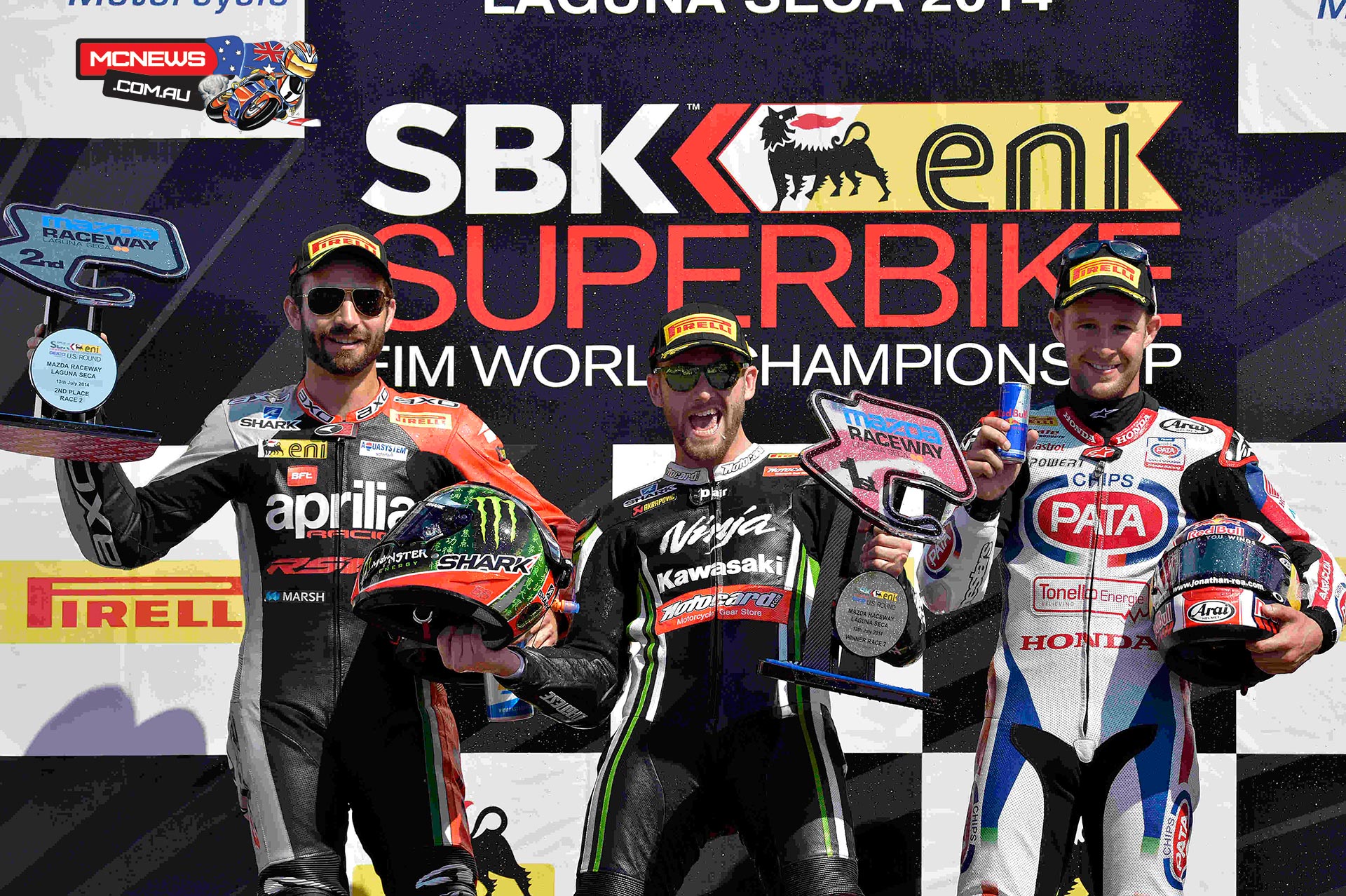 Race-2-podium The second WSBK race at Laguna Seca was as hot on track as the air temperature as after two red flags and restarts, Tom Sykes (Kawasaki Racing Team) came out victorious in the 7 lap sprint race that put an end to the ninth round of the 2014 eni FIM Superbike World Championship, which saw a total 49,408 attendants during the three days. Thanks to his 22nd career win, the reigning champion added one tiny point to his championship lead over Sylvain Guintoli (Aprilia Racing Team), second at the flag and now 44 points behind the reigning champion.