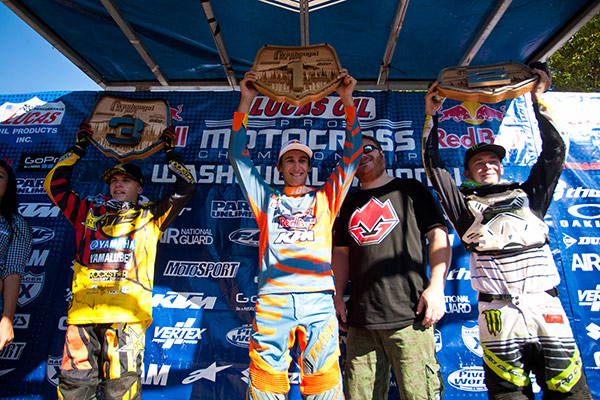 250 Class podium: Martin (left), Musquin (center), Baggett (right). (Photo: Matt Rice)