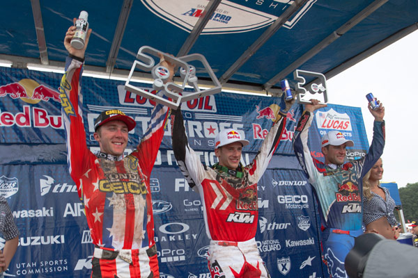 450 Class podium: Tomac (left), Roczen (center), Dungey (right). (Photo: George Crosland)