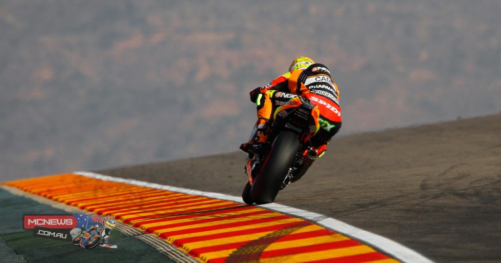 Aleix Espargaro - 5th / 1'48.938 / 36 Laps - “I like Aragon a lot and it’s a kind of home GP for me. This morning was quiet cold but I had a good feeling especially in the second half of the session. In the afternoon, with warmer temperatures, we struggled a bit as we lacked of grip on the front. Anyway I’m confident that we can improve and tomorrow we will continue to work on the bike set up with the hard tyres in preparation of the race”.