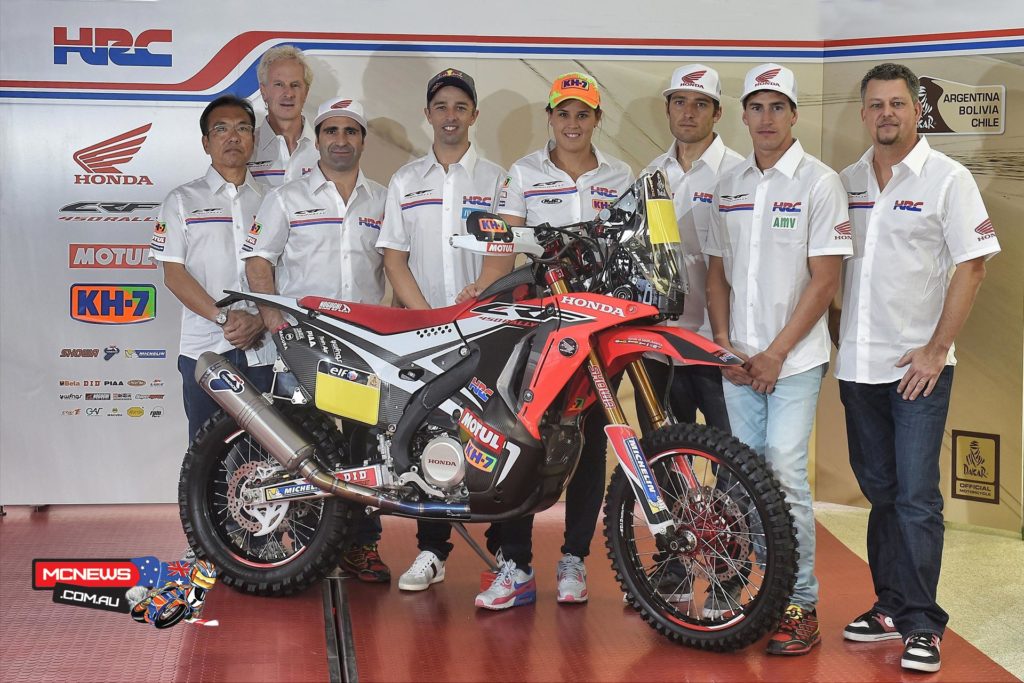 The CRF450 Rally Dakar staff members are led by Large Project Leader Katsumi Yamazaki, General Manager Martino Bianchi, and Team Manager Wolfgang Fischer.