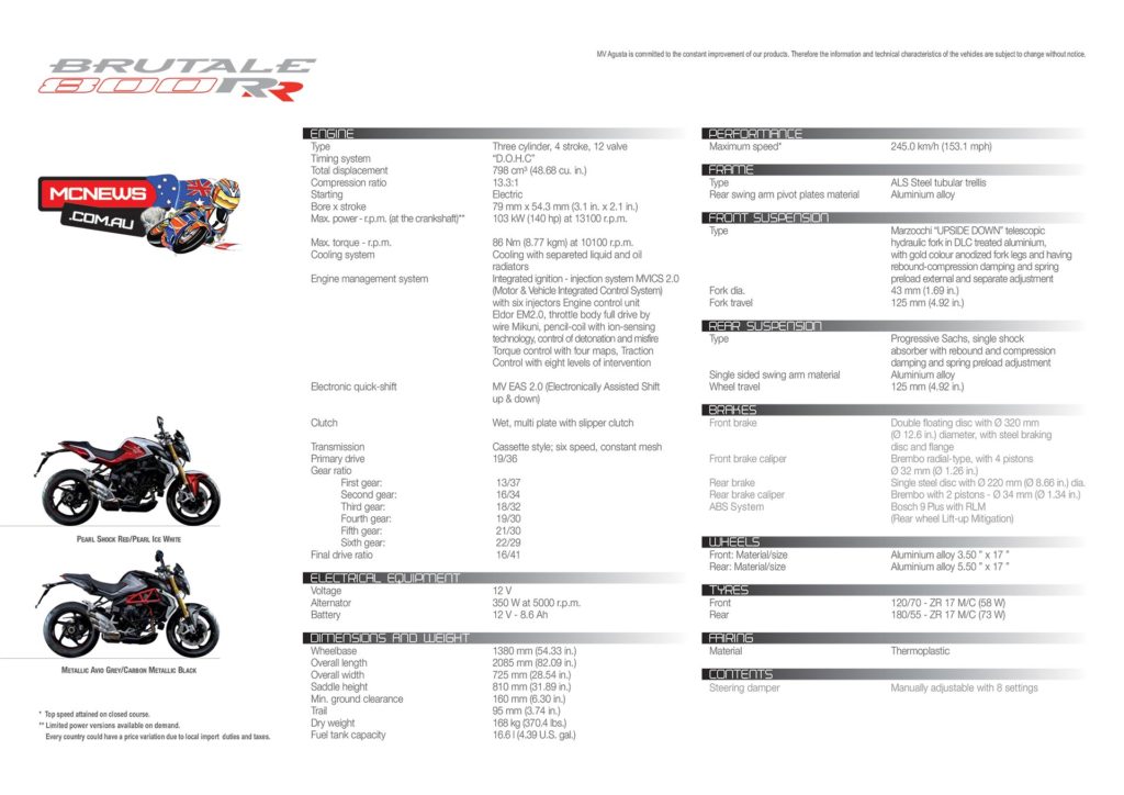 MV Agusta Brutale 800 RR Specifications