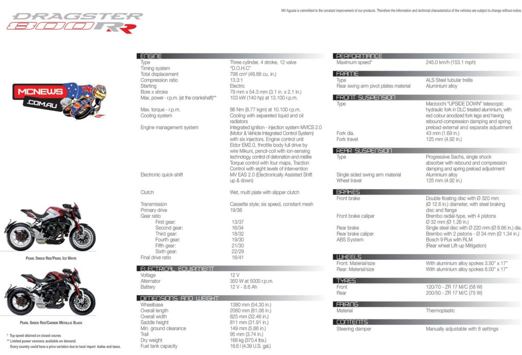 MV Agusta Brutale Dragster 800 RR Specifications