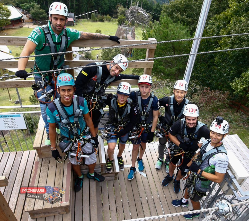 Also on the eve of the Motul Grand Prix of Japan, Aoyama and Viñales were joined by Hector Barbera, Johann Zarco, Takaaki Nakagami, Hafizh Syahrin,  Romano Fenati and Danny Kent as they enjoyed the longest zipline in Japan, in the beautiful forests surrounding Motegi. At 561 metres in length the double zipline put the riders’ fear of heights and their courage to the test at 38 metres from the ground.