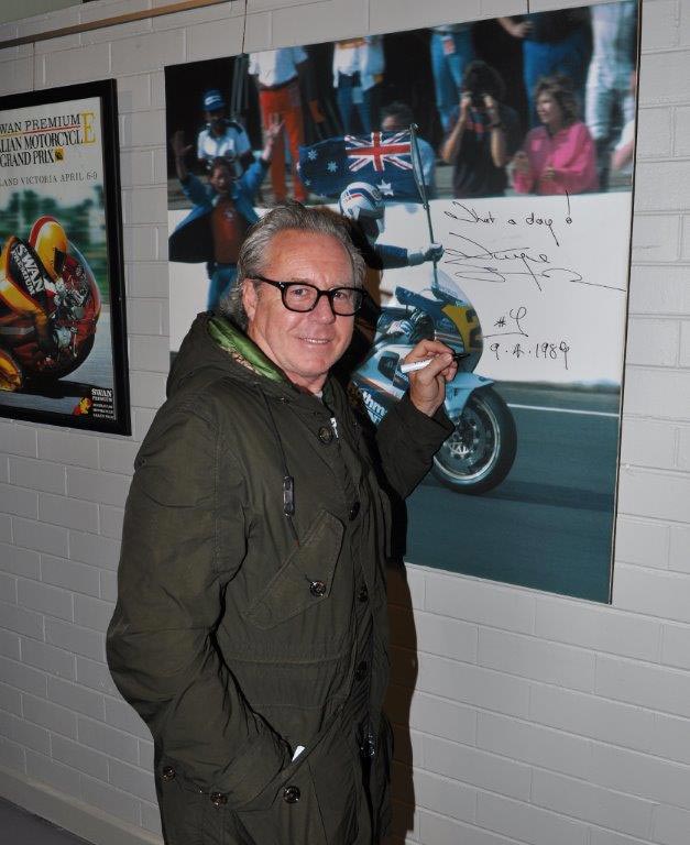 Wayne Gardner with memorabilia celebrating his 1989 win at Phillip Island