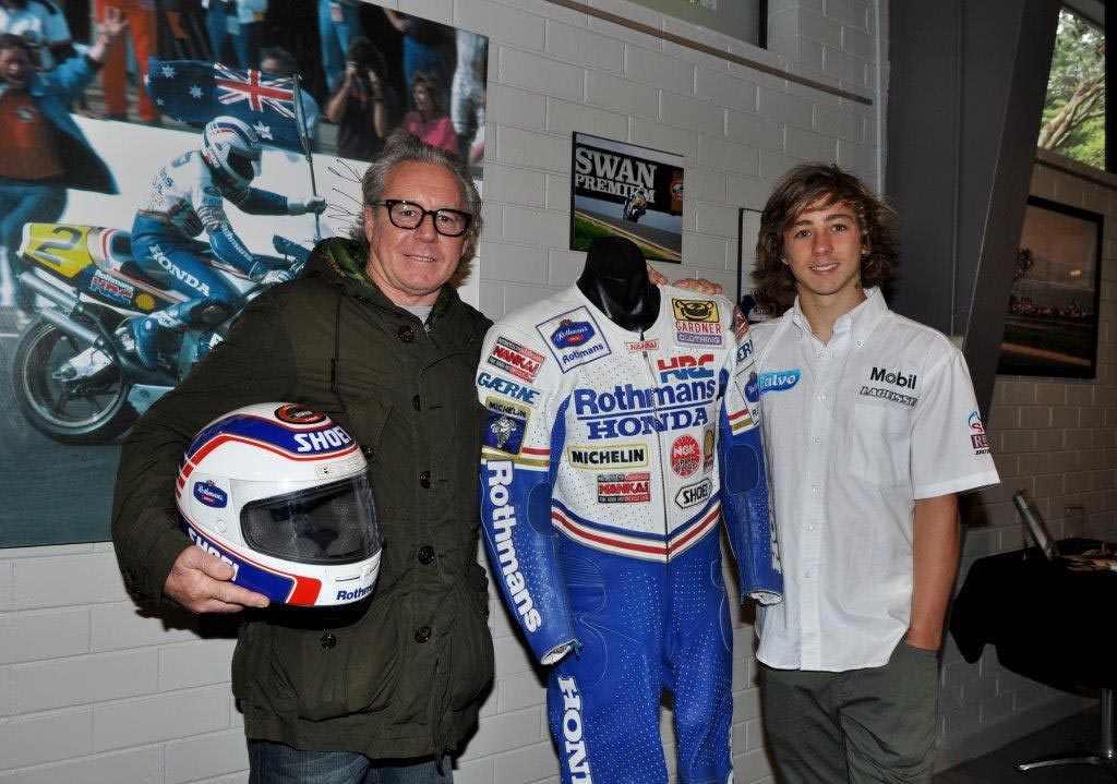 Wayne Gardner and son Remy Gardner with memorabilia celebrating his 1989 win at Phillip Island