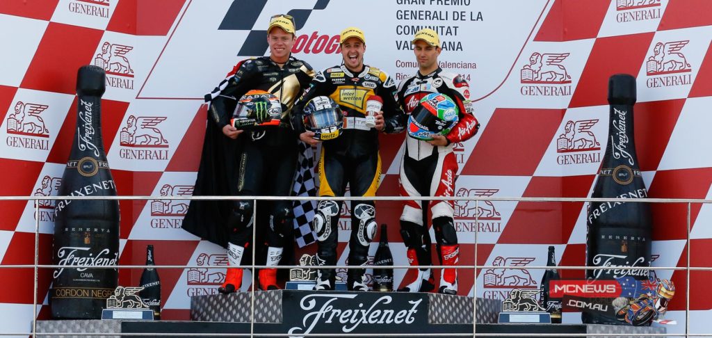 A close battle between Rabat (Marc VDS Racing Team) and Luthi (Interwetten Sitag) saw the Swiss rider come out on top in dramatic fashion at the death. Rabat stated afterwards that he had encountered a fuel shortage coming out of the final corner, allowing Luthi to charge forward and claim victory.
