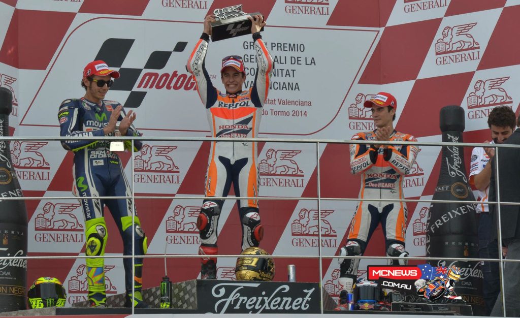 The MotoGP™ race at the Gran Premio Generali de la Comunitat Valenciana saw Marc Marquez score a record 13th premier class win of the season, ahead of Valentino Rossi and Dani Pedrosa. The result sees Rossi clinch the runner-up spot in the championship.