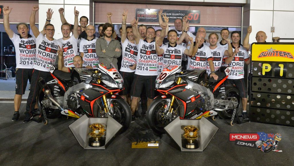 In all Aprilia boasts 54 World Titles (38 in MotoGP, 7 in Superbike and 9 in off-road disciplines) which make it one of the most victorious brands ever on a global level in motorcycle racing. The Piaggio Group's extraordinary trophy case, thanks to Aprilia as well as its other historic brands, Moto Guzzi, Gilera and Derbi, now contains 104 World Titles to make it the most decorated European motorcycle manufacturing group.