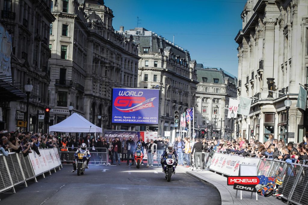 Freddie Spencer, Wayne Gardner, Christian Sarron and Didier de Radiguès presented all-new World GP Bike Legends at the Regent Street Motor Show.