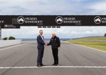 Glenn Rosbrook of Swann Insurance was greeted by Fergus Cameron, managing director of the Phillip Island circuit, (pictured) to mark the important announcement of the association.