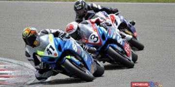 Suzuki trio Jayden Hassan leads Sloan Frost & Scott Moir during F1 Superbike race 1