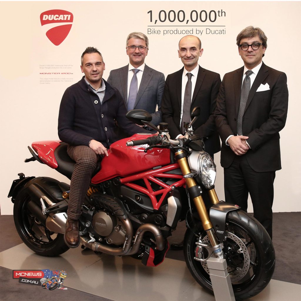 Ernesto Passoni, a 47 year-old from Cinisello Balsamo near Milan, has always been a Ducatista and now, awaiting delivery of the bike he ordered from a dealer, he was told that his would be the millionth Ducati to be produced. His loyalty to the brand was rewarded with the added value of a special customisation and a presentation ceremony in the presence of Audi and Ducati top management.