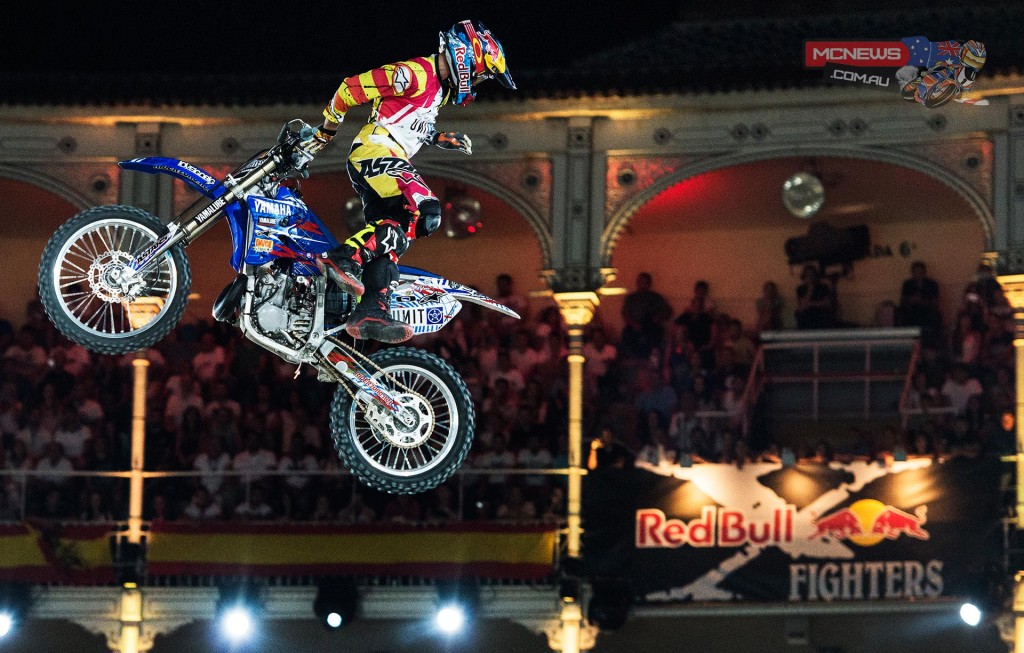 Thomas Pages of France performs during the finals of the third stage of the Red Bull X-Fighters World Tour in Madrid, Spain on June 27, 2014.