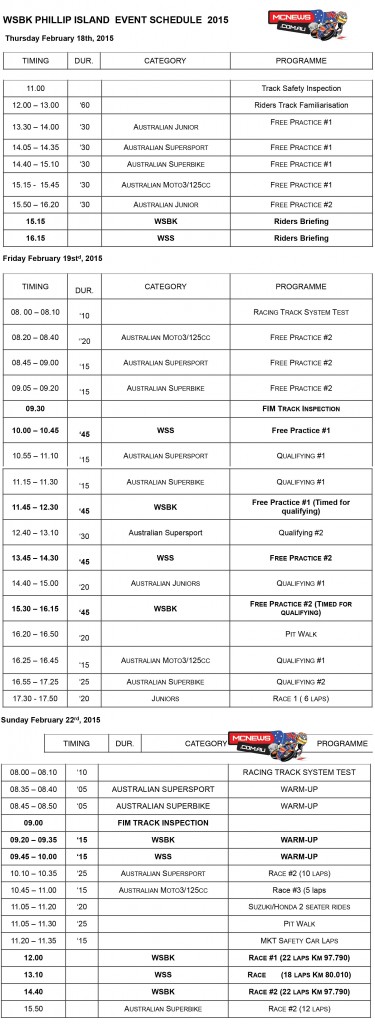 WSBK 2015 P.I. Daily Schedule