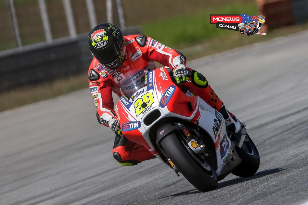 Andrea Iannone / 4th /  1m59.722 - “For sure these were three positive days, because we arrived in Malaysia with a totally new bike, without ever having tried it before, and we succeeded in lapping pretty quickly and without any reliability problems. The GP15 took to the track for the first time on Monday, and so I’m happy with the way it’s improved in such a short period of time. Today we focused on testing various types of setting on the bike, trying to improve the feeling but above all the grip and corner turn-in. There’s still a lot of work to do, but I’m happy with this first contact with the new bike.”