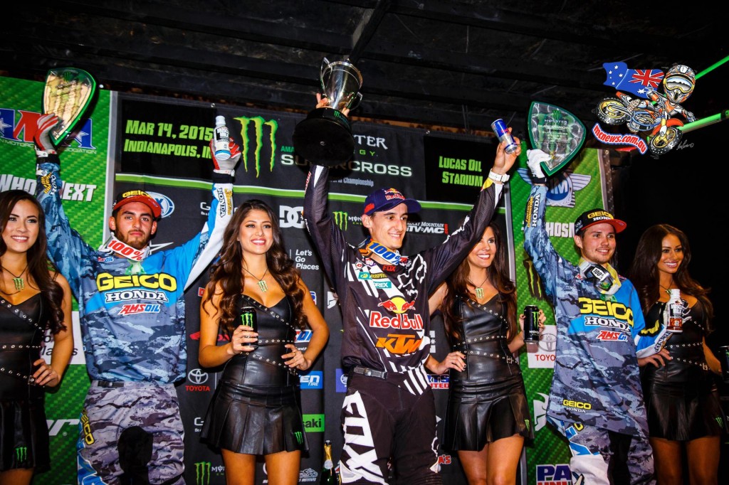 The 250SX Class podium (from left to right) Bogle, Musquin, and Hampshire