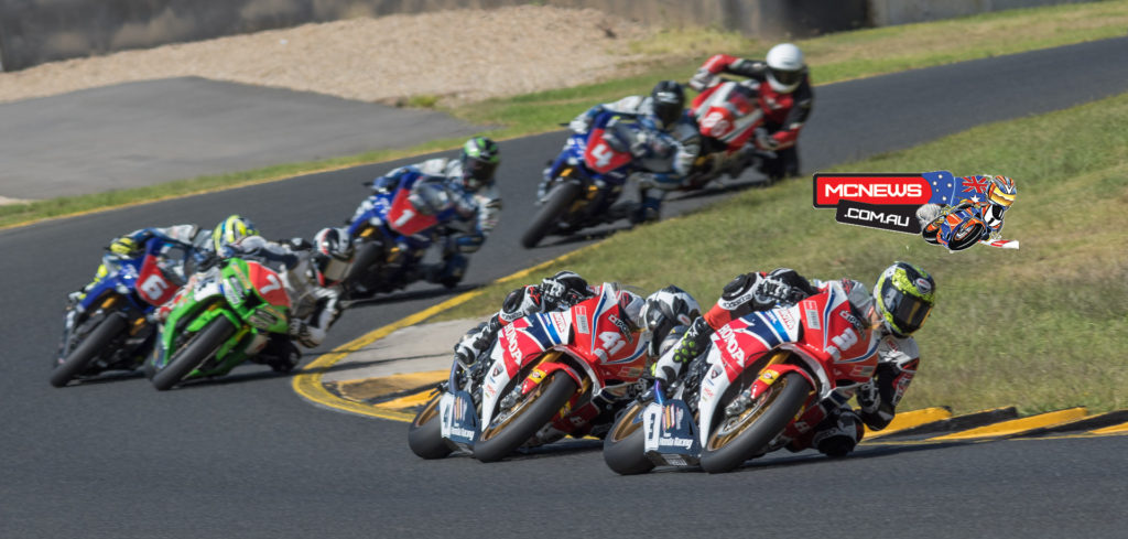 Swann Australasian FX Superbike Championship Round One Sunday Race One - The leading pack of six stream through turn seven for the first time