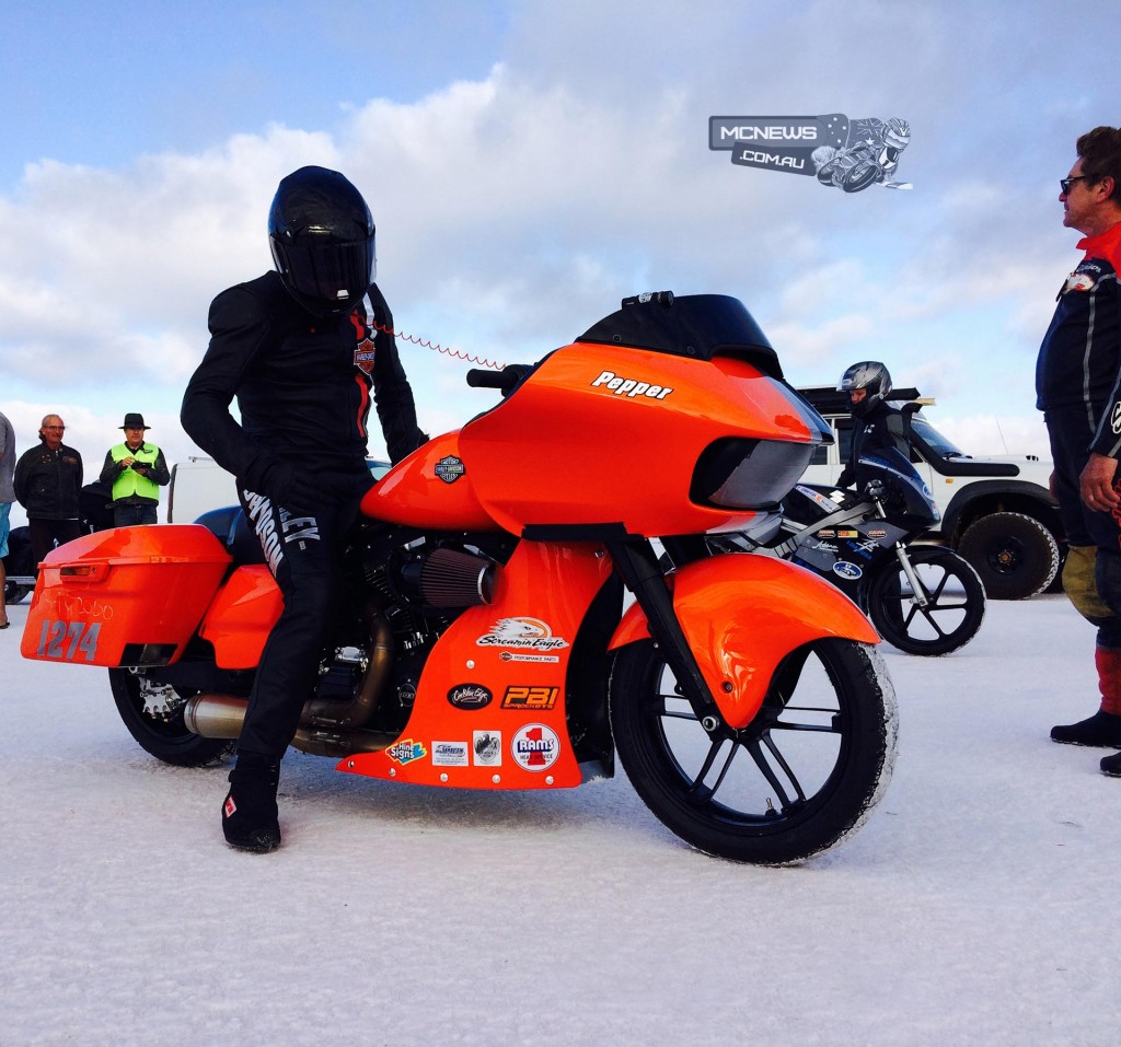 2015 Harley-Davidson FLTRXS Road Glide Special, named Pepper to challenge the Modified Partial Streamlined – Push Rod Fuel (MPS-PF) class at Lake Gairdner Speed Week