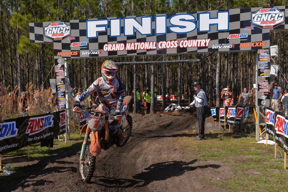 Kaliub Russell celebrated his win with a nose-wheelie over the finish line