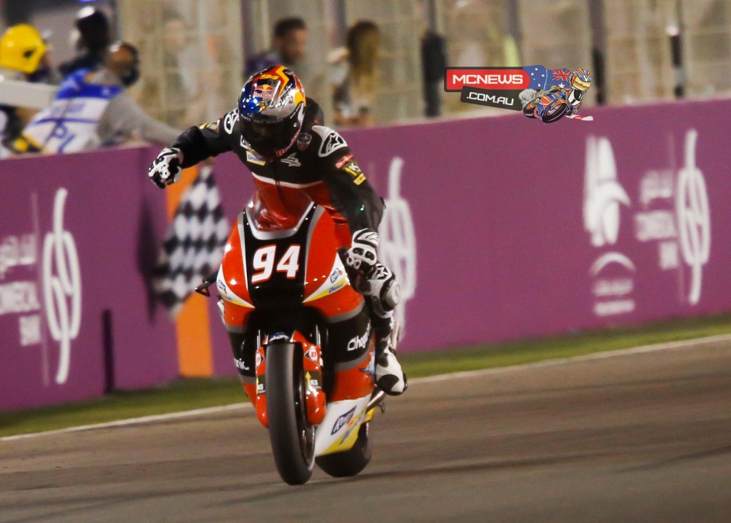 Jonas Folger claimed his first Moto2 victory at the Qatar season opener. Xavier Simeon (+5.051s) finished 2nd on the Federal Oil Gresini Moto2 Kalex, ahead of Thomas Luthi (+12.123s) in 3rd.