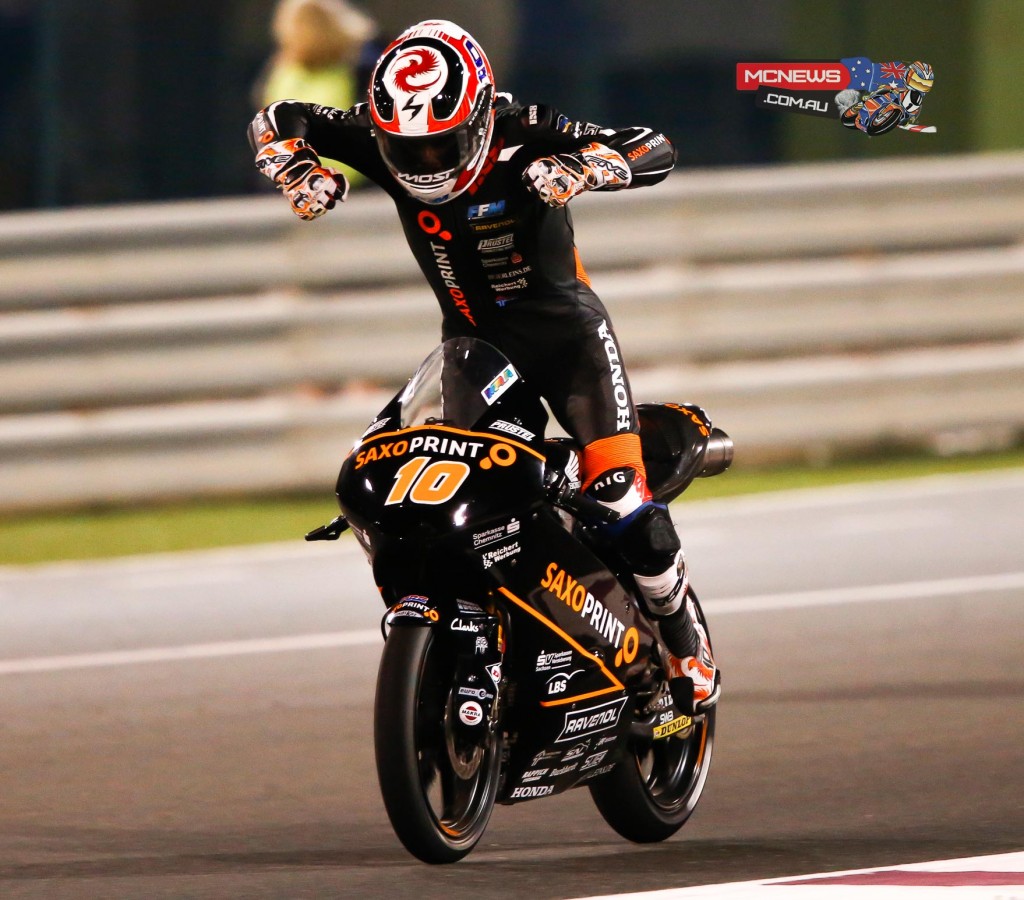 Honda's Alexis Masbou took the first race win of the 2015 Moto3 season in Qatar, ahead of Bastianini and Kent.