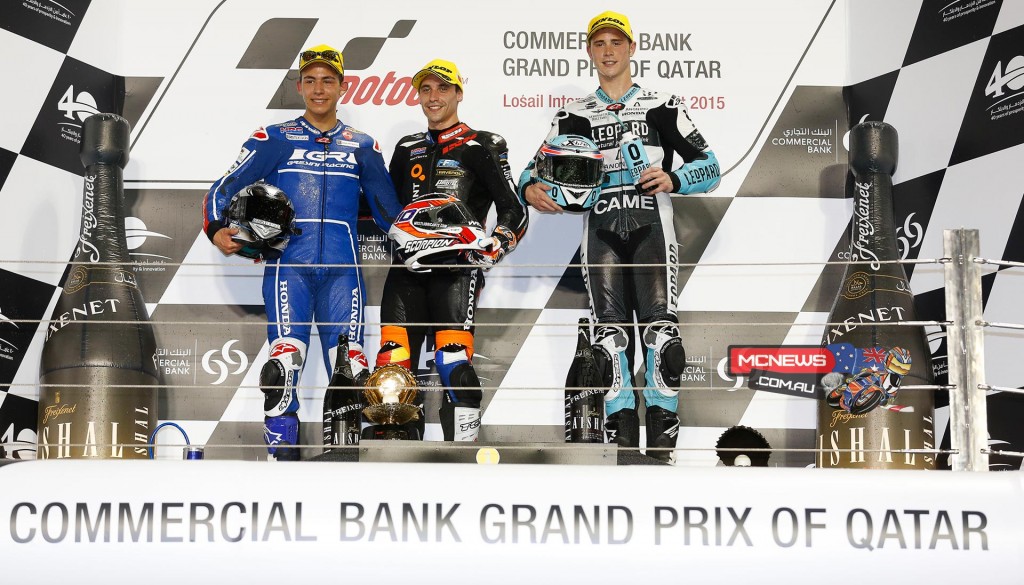 Honda's Alexis Masbou took the first race win of the 2015 Moto3 season in Qatar, ahead of Bastianini and Kent.