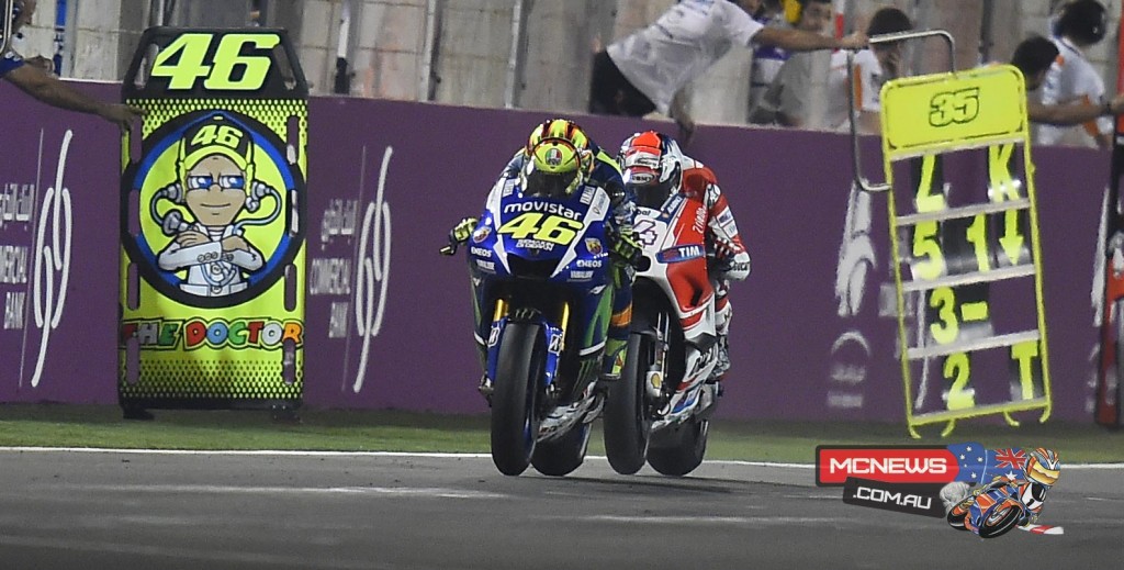 Movistar Yamaha MotoGP’s Valentino Rossi emerged victorious from a thrilling battle with Ducati Team’s Andrea Dovizioso to win the opening round of the MotoGP season at Qatar’s Losail International Circuit.