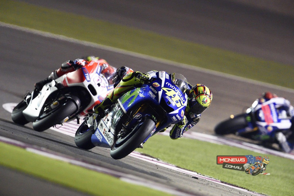 Movistar Yamaha MotoGP’s Valentino Rossi emerged victorious from a thrilling battle with Ducati Team’s Andrea Dovizioso to win the opening round of the MotoGP season at Qatar’s Losail International Circuit.