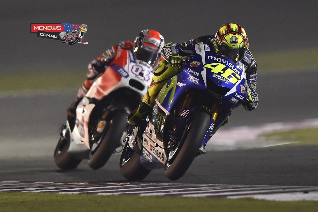 Movistar Yamaha MotoGP’s Valentino Rossi emerged victorious from a thrilling battle with Ducati Team’s Andrea Dovizioso to win the opening round of the MotoGP season at Qatar’s Losail International Circuit.