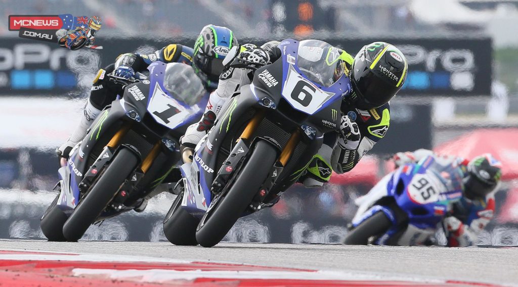 Cameron Beaubier (6) beat teammate Josh Hayes (1) and Roger Hayden (95) to win the Superbike race at the Circuit of The Americas on Sunday. Photography By Brian J. Nelson.