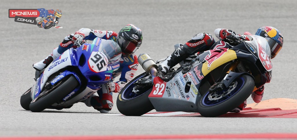 Jake Gagne (32) leads Roger Hayden (95) in their battle for third in the combined Superbike/Superstock 1000 race. Gagne finished fourth overall and first in the Superstock class for the second day in a row. Photography by Brian J. Nelson.