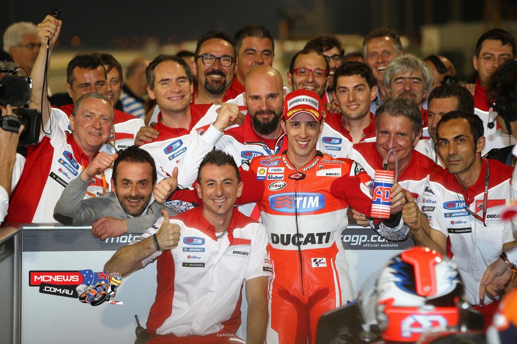 Andrea Dovizioso celebrates second place in Qatar with Team Ducati