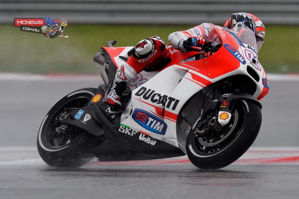 Andrea Dovizioso (Ducati Team #04) – 2’05.646 (5th) - “All things considered today was a positive day, even though the conditions were rather particular. But we are happy because we were quick both in the rain and in the dry. This afternoon the main aim was to stay in the top 10 because tomorrow morning it will probably rain. Unfortunately we were unable to work very much with dry settings, I only did four laps and the feeling with the bike is not good enough yet. We have to improve a few things, both in the wet and in the dry, if we want to fight for the podium tomorrow, but the limits of the bike are pretty similar in the various weather conditions, and so in any case tomorrow."