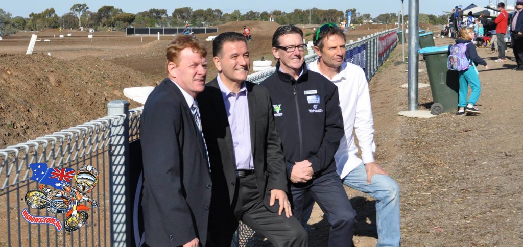 L-R: Horsham Rural City Council Mayor Mark Radford, Minister for Sport, Tourism and Major Events Hon. John Eren, Motorcycling Victoria CEO Wayne Holdsworth and MA President Braxton Laine at the Horsham Motorcycle Club for the 2018 FIM World Junior Motocross Championship announcement