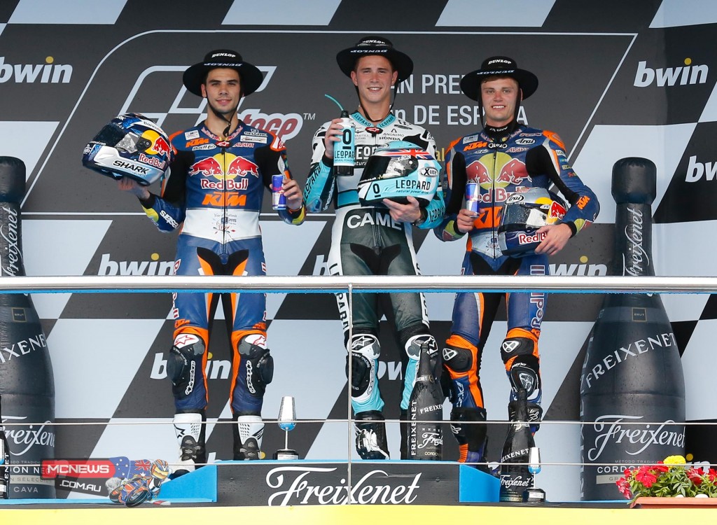 Leopard Racing’s Danny Kent won his third Moto3 race in a row, in an epic last lap scrap with Fabio Quartararo and Miguel Oliveira.