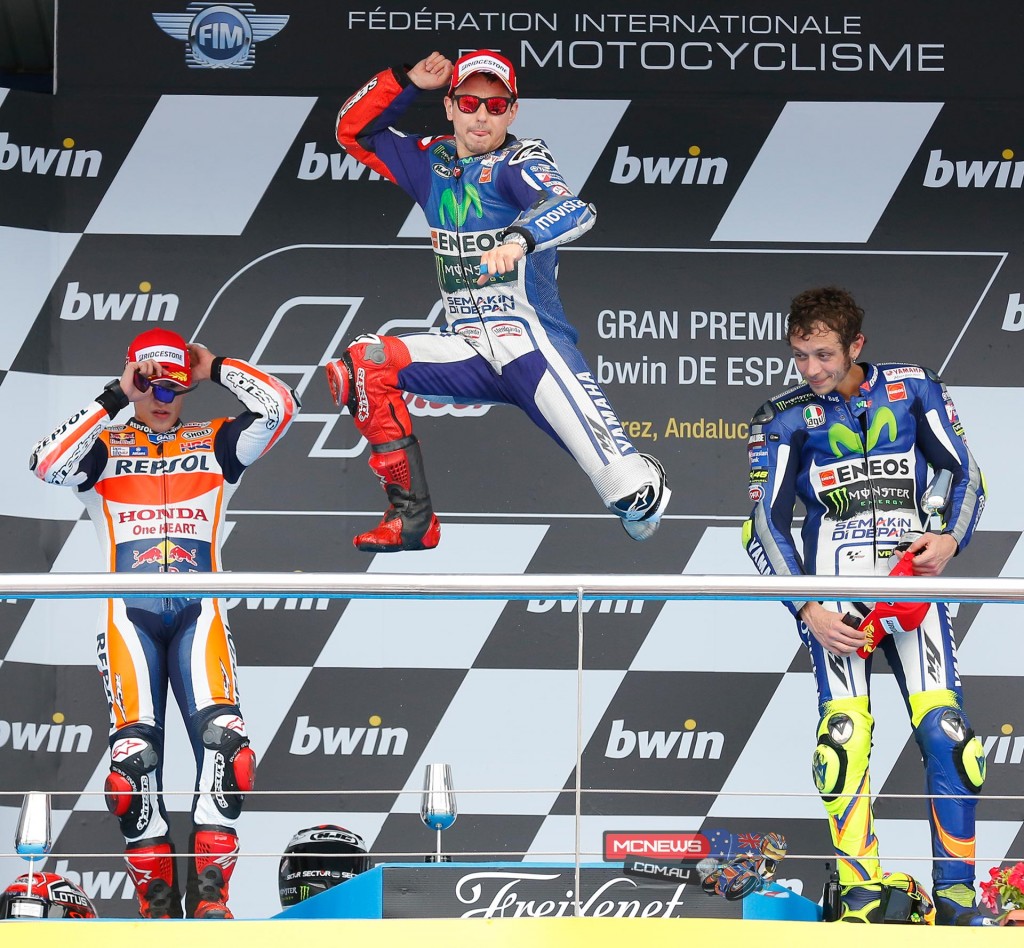 Jorge Lorenzo topped the podium at Jerez in 2015 ahead of Marc Marquez and Valentino Rossi