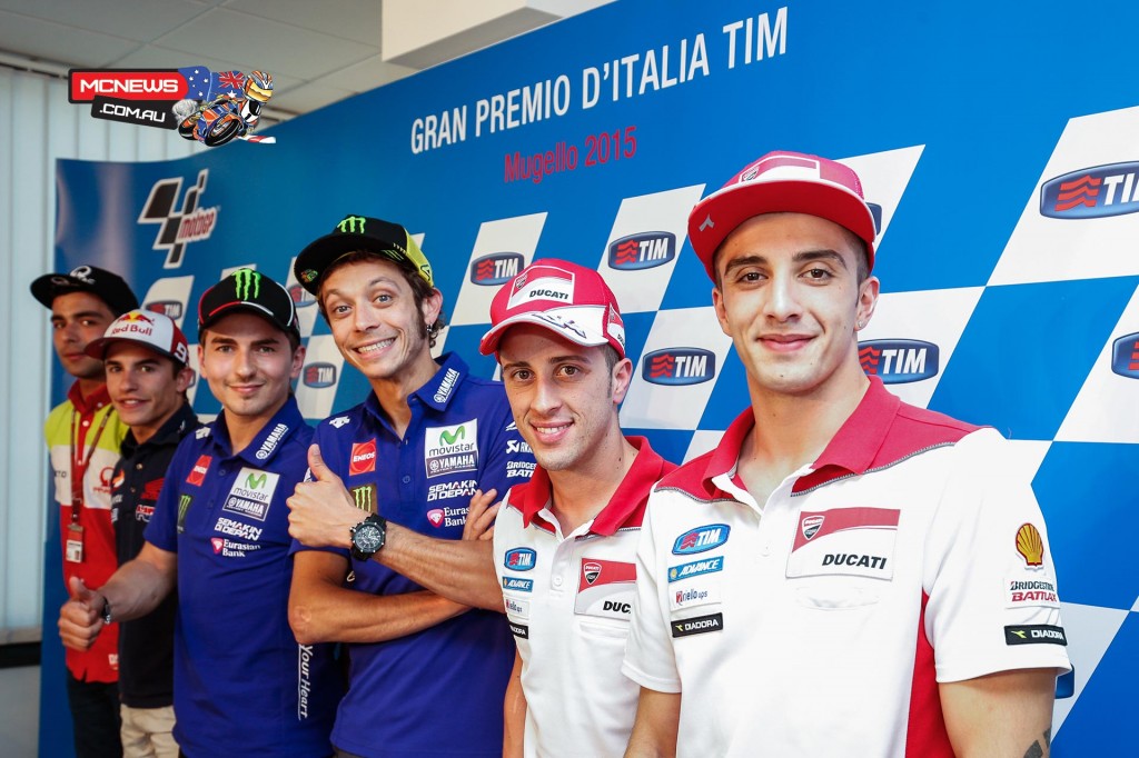 Valentino Rossi, Jorge Lorenzo, Andrea Iannone, Andrea Dovizioso, Marc Marquez and Danilo Petrucci gathered in front of the world’s media for the official press conference on Thursday, that marks the start of the Italian MotoGP at the Autodromo del Mugello.