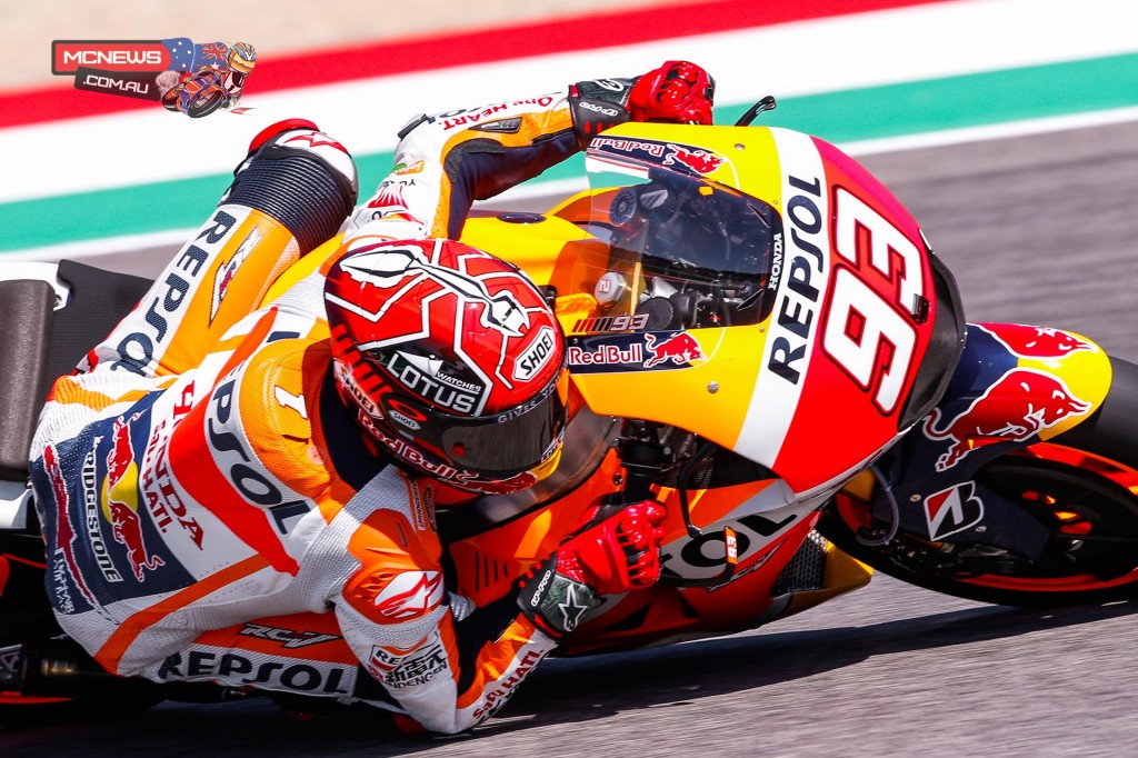 Repsol Honda’s Marc Marquez improved throughout the day as he tried a number of different set-up combinations in an effort to deal with the front-end issues and engine problems the RC213V has been suffering from this season